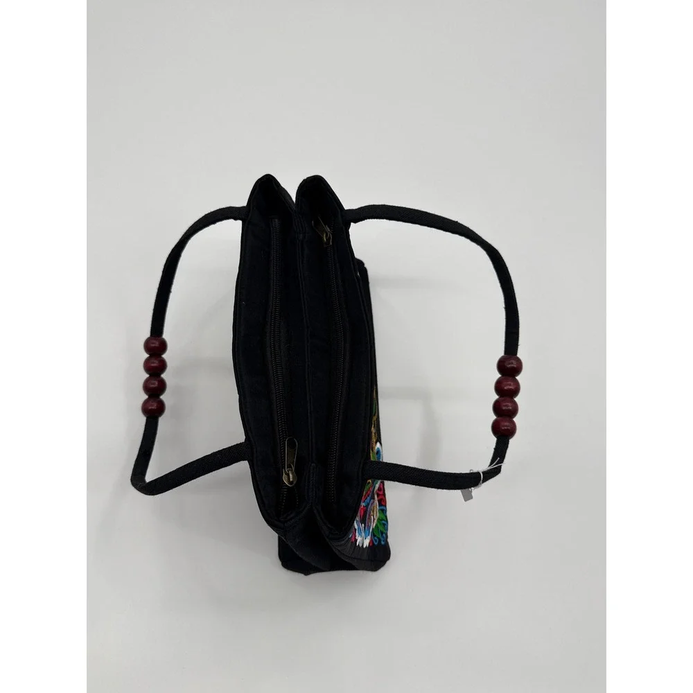 Boho Embroidered Floral Canvas Handbag Black with Wood Bead Handles